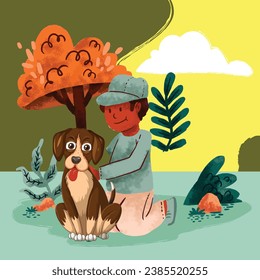 vector hand drawn children with animals illustration