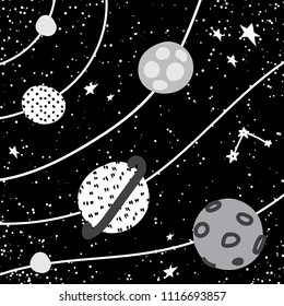 Vector hand drawn children doodle illustration of planet. Creative nursery poster, black and white art.