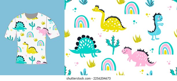 Vector hand drawn children illustration, print, t-shirt design cute dinosaur and rainbow, seamless pattern.