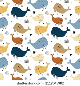 Vector hand drawn children's pattern with repeating flat pattern in scandinavian style on a white background. Pattern with colorful whales. Illustration with sea inhabitants.