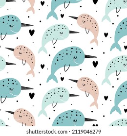 Vector hand drawn children's pattern with repeating flat pattern in scandinavian style on a white background. Pattern with cute narwhals in limited colors. Illustration with sea inhabitants.