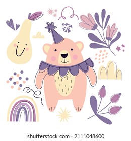 Vector hand drawn children's set with cute teddy bear, pear, flowers, hearts, stars in scandinavian style on a white background. Children's print. Isolated objects on white.