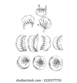 vector hand drawn chinese dim sum. traditional asian potstickers stuffed with meat. fried japanese dumplings. food collection for design template