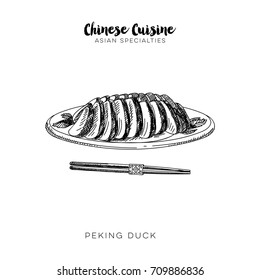 Vector hand drawn chinese food Illustration. Peking duck. Vintage style sketch background.