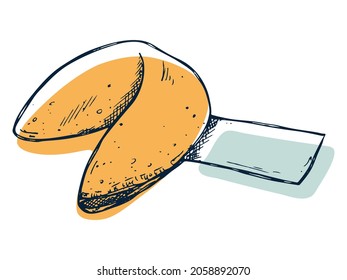 Vector hand drawn chinese fortune cookies isolated on white backgrounds. Food illustration. Crisp cookie with a blank piece of paper inside. For print, web, design, decor, logo.