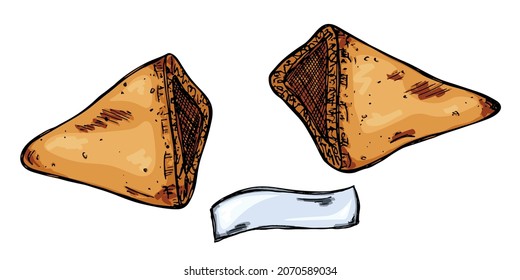 Galletitas de la fortuna chinas dibujadas a mano por vectores aisladas con antecedentes blancos. Colorida ilustración de la comida. Coge galleta con un papel en blanco dentro. Para imprimir, web, diseño, decoración.