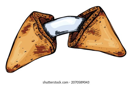 Vector hand drawn chinese fortune cookies isolated on white backgrounds. Colorful food illustration. Crisp cookie with a blank piece of paper inside. For print, web, design, decor.