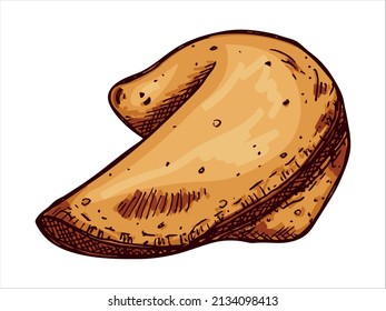 Vector hand drawn chinese fortune cookies isolated on white backgrounds. Food illustration. Crisp cookie with a blank piece of paper inside. For print, web, design, decor, logo.