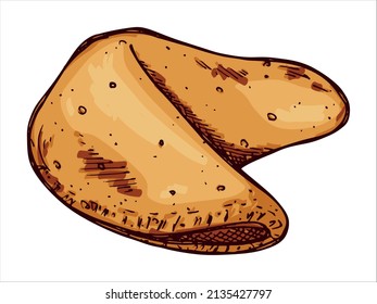 Vector hand drawn chinese fortune cookies isolated on white backgrounds. Food illustration. Crisp cookie with a blank piece of paper inside. For print, web, design, decor, logo.