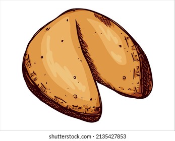Vector hand drawn chinese fortune cookies isolated on white backgrounds. Food illustration. Crisp cookie with a blank piece of paper inside. For print, web, design, decor, logo.