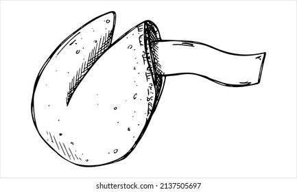 Vector hand drawn chinese fortune cookies isolated on white backgrounds. Food illustration. Crisp cookie with a blank piece of paper inside. For print, web, design, decor, logo.