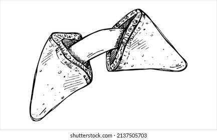 Vector hand drawn chinese fortune cookies isolated on white backgrounds. Food illustration. Crisp cookie with a blank piece of paper inside. For print, web, design, decor, logo.