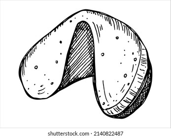 Vector hand drawn chinese fortune cookie isolated on white backgrounds. Food illustration. Crisp cookie with a blank piece of paper inside. For print, web, design, decor, logo.
