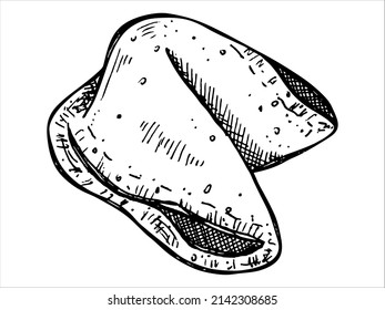 Vector hand drawn chinese fortune cookies isolated on white backgrounds. Food illustration. Crisp cookie with a blank piece of paper inside. For print, web, design, decor, logo.