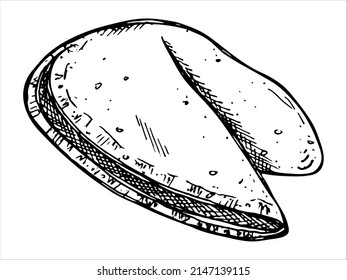 Vector hand drawn chinese fortune cookies isolated on white backgrounds. Food illustration. Crisp cookie with a blank piece of paper inside. For print, web, design, decor, logo.
