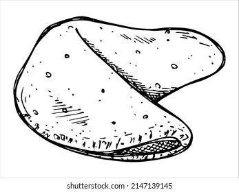 Vector hand drawn chinese fortune cookies isolated on white backgrounds. Food illustration. Crisp cookie with a blank piece of paper inside. For print, web, design, decor, logo.