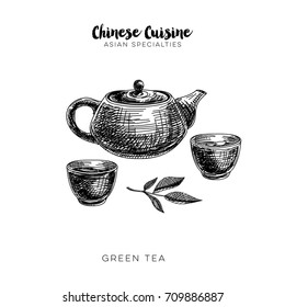 Vector hand drawn chinese tea Illustration.  Vintage style sketch background.