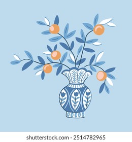 Vector hand drawn chinesse oranhe bouquet in a vintage Chinoiserie vase. Hand drawn Vector illustration. Elegant poster in blue colors. Fruit design element. Poster, print, card, decoration template