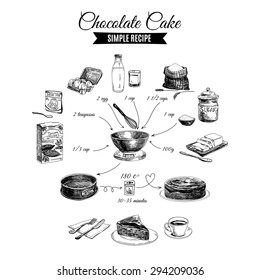 Vector hand drawn chocolate cake illustration. Sketch. Simple chocolate cake  recipe.