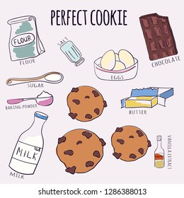 Vector hand drawn chocolate cookie recipe. Doodle illustration. Cake recipe in doodle style. Vector illustration.