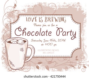 vector hand drawn chocolate party invitation card, vintage frame, glass and leaves.