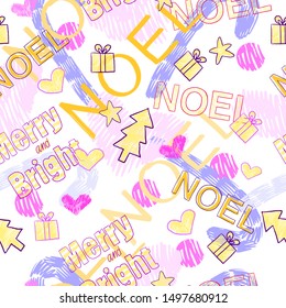 Vector hand drawn Christmas abstract seamless pattern with lettering "Noel" and "Merry and Bright". For wrapping paper, aparel, presents and greeting cards.