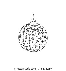 Vector hand drawn Christmas ball toy. Christmas coloring page book 