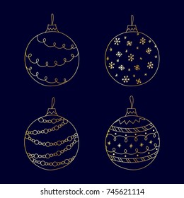 Vector hand drawn Christmas ball toy set. Golden Christmas ball toy on dark blue background