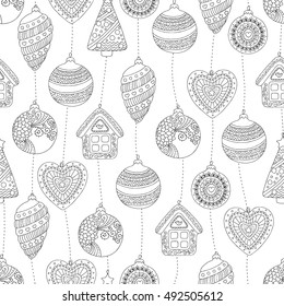 Vector hand drawn Christmas balls illustration for adult coloring book. Freehand sketch for adult anti stress coloring book page with doodle and zentangle elements.