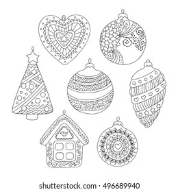 Vector hand drawn Christmas balls illustration for adult coloring book. Freehand sketch for adult anti stress coloring book page with doodle and zentangle elements.