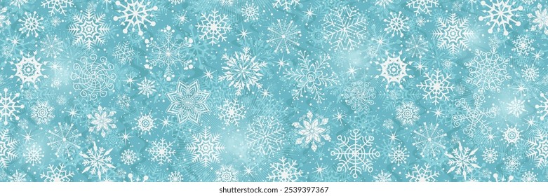 Vector hand drawn Christmas blue seamless pattern with doodle snowflakes and stars