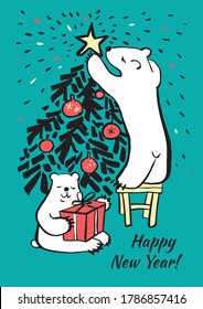 Vector hand drawn Christmas card in sketch style. Polar bears decorate the christmas tree and hold present box. Happy New Year lettering. Black and white illustration. Colorful illustration.