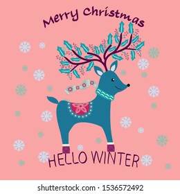 Vector Hand drawn Christmas cartoon cute deer. Christmas card with text Merry Christmas and hello winter.