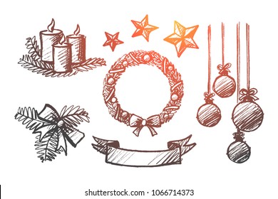 Vector hand drawn Christmas concept sketch. Holiday candles, ribbons, hanging balls, decoration stars, ornate wreath and bow with fir-tree branch isolated