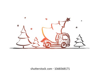 Vector hand drawn Christmas concept sketch. Smebody taking Christmas tree form forest by car.