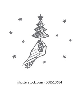 Vector hand drawn Christmas concept sketch. Human hand holding small decorated fir-tree with star on top