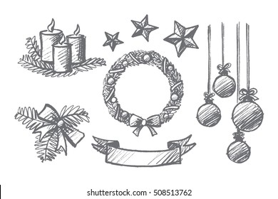 Vector hand drawn Christmas concept sketch. Holiday candles, ribbons, hanging balls, decoration stars, ornate wreath and bow with fir-tree branch isolated