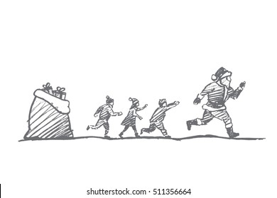 Vector hand drawn Christmas concept sketch. Small children trying to catch up running away Santa Claus