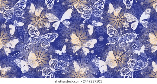 Vector dibujado a mano Navidades azul oscuro sin patrón con copos de nieve y estrellas y mariposas
