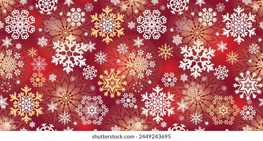 Vektorgrafik Handgezeichnete Weihnachtsmusiken Dunkelrot Nahtloses Muster mit Schneeflocken und Sternen und roten Gradientenflecken
