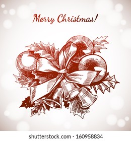 Vector hand drawn christmas decoration. Christmas and New years holidays vector hand drawn illustration with xmas wreath with branches and berries. Christmas drawings by hand