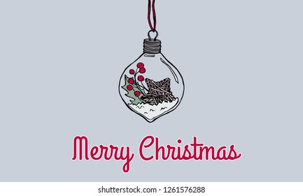 Vector hand drawn christmas decorations ink illustration. Sketched isolated new year hanging bulbs and garlands. 
