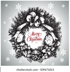 Vector hand drawn Christmas decoration.Wreath  illustration