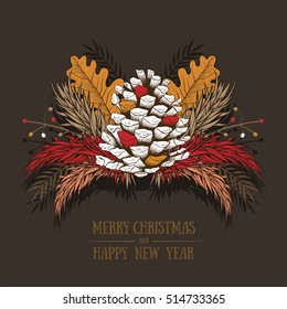 Vector hand drawn Christmas design with natural winter elements. Greeting card design.