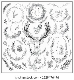 Vector Hand Drawn Christmas Doodle Floral Frames, Wreaths, Brunches Collection, with Plants, Deer, Laurels, Flowers. Xmas Design Elements Illustration