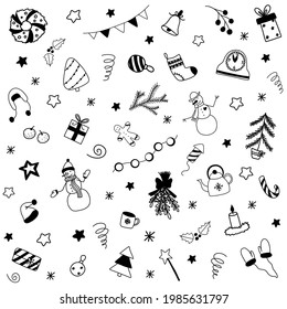 Vector hand drawn Christmas doodles. Set of New Year elements with snowman, Christmas tree, gift boxes, mistletoe