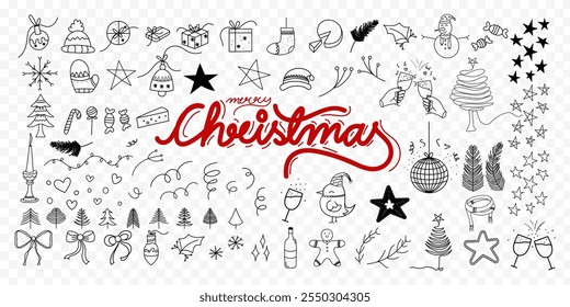 Vector hand drawn Christmas doodles with hand written Merry Christmas text on transparent background