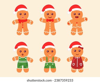 Vector hand drawn christmas gingerbread man cookie collection