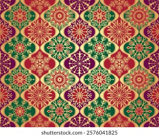 Vector hand drawn Christmas golden seamless pattern with doodle snowflakes and rhombuses. For textiles, wallpaper and packaging 