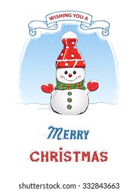 Vector hand drawn Christmas greeting card with wish text message: "Wishing you a Merry Christmas". Card with snowman on the white background.